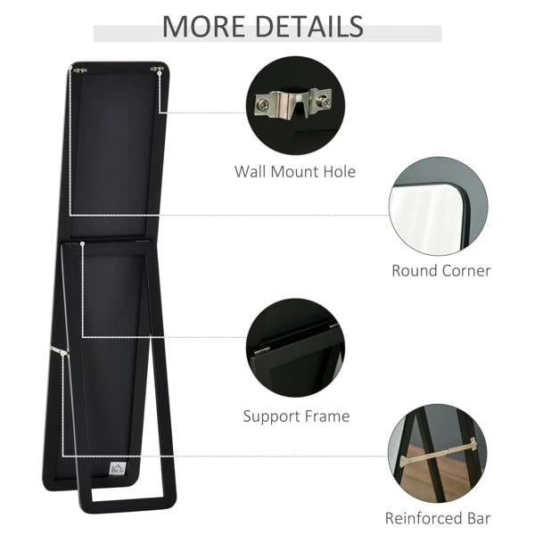 Black full-length mirror detail: wall mount hole, support frame, reinforced bar