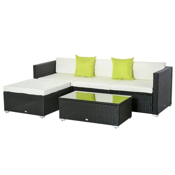 Black rattan 4-seater outdoor sofa set with white cushions and lime green pillows