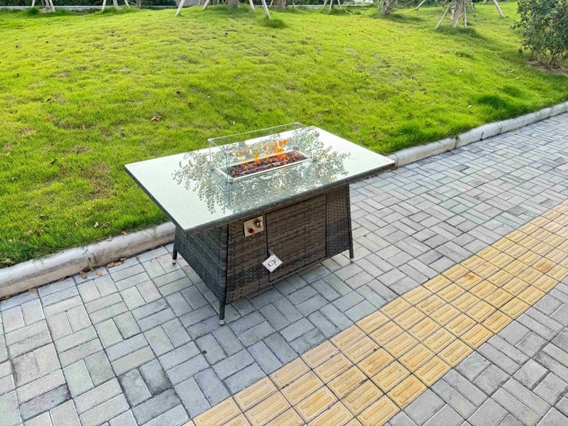 Fimous Rattan Garden Furniture Dining Set 6-seater Patio Rectangular Gas Fire Pit Table Chairs Outdoor Dark Grey Mixed