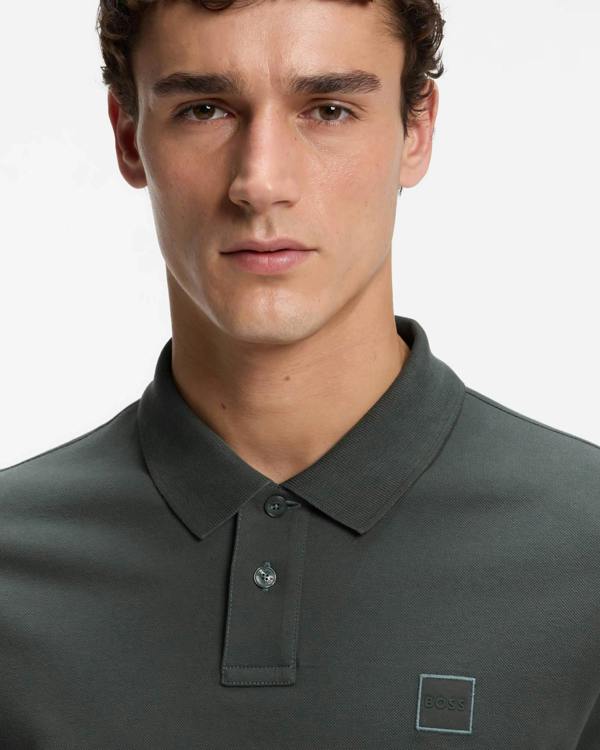 BOSS Orange Passenger Mens Stretch - Cotton Slim - Fit Polo Shirt with Logo Patch - Open Green 377 | CHO | Designer Mens Short Sleeve Polo Shirts