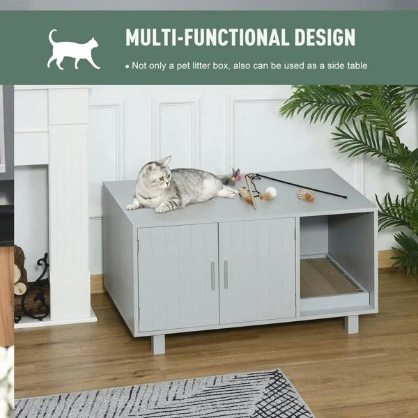 Grey wooden cat litter box enclosure with integrated side table and open entry