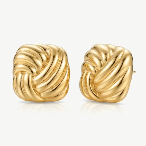 Statement Twisted Square Stud Earrings in 18k Gold