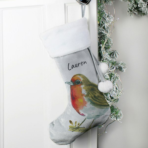 Personalised Memento Company Personalised Robin Silver Grey Stocking
