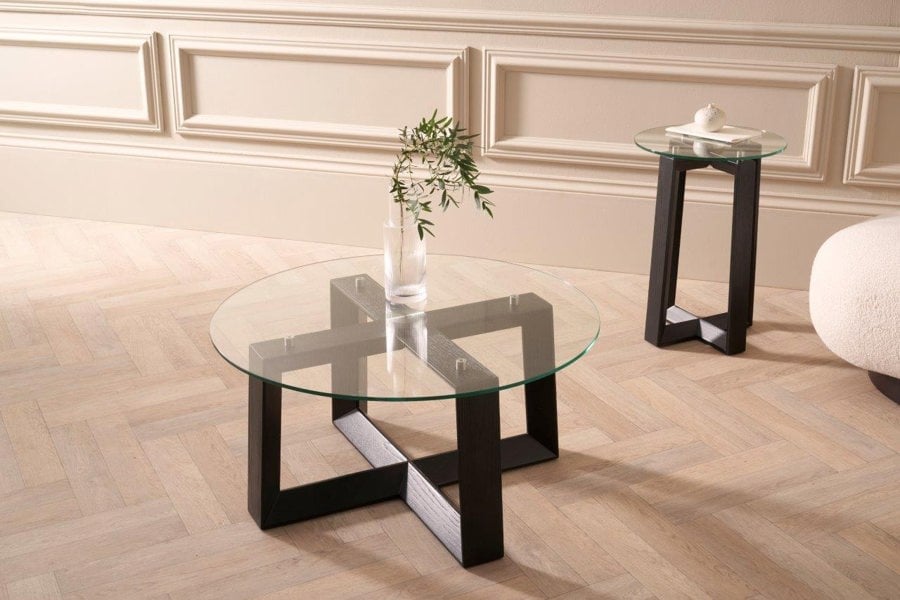Cadiz Small Round Coffee Table with Clear Glass Top & Natural Black Oak Base by Gillmore British Design © GillmoreSPACE Limited