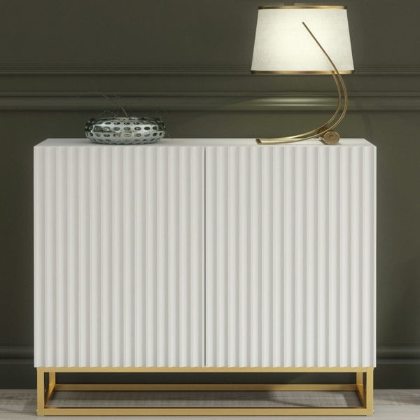 Mex Furniture Graceful White Sideboard with Fluted Fronts & Gold Legs – 100cm Storage Unit