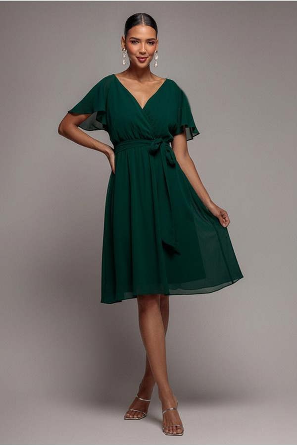 Chiffon Flutter Sleeve Wrap Midi Dress - Dark Green DR2555B
