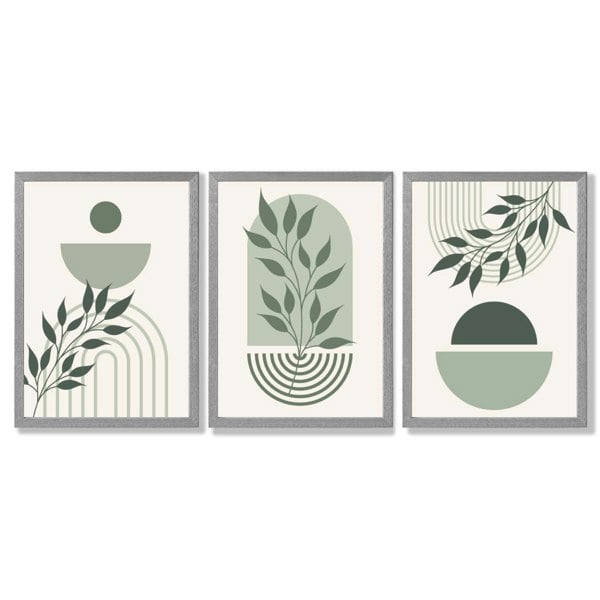 Set of 3 Boho Green and Beige Floral Framed Art Prints with Light Grey Wooden Frames