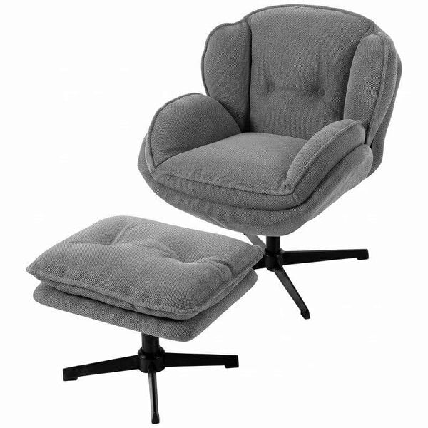 Armchair with Adjustable Footstool, 360-Degree Swivel Chenille Cloud Accent Chair with Thick Cushion, Steel Base, Grey