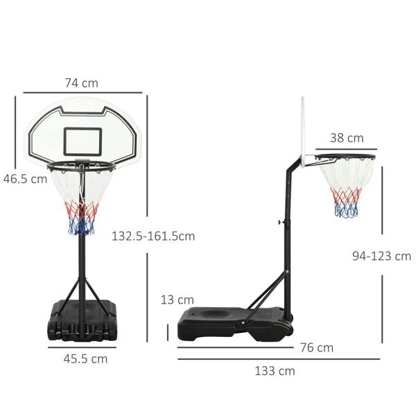 Adjustable height basketball hoop stand layout with black pole and white backboard