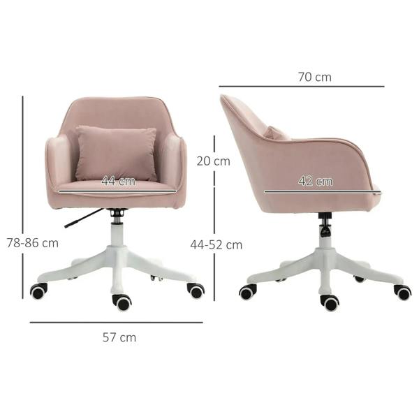 Pink velvet office chair with lumbar pillow and white wheeled base, side angle