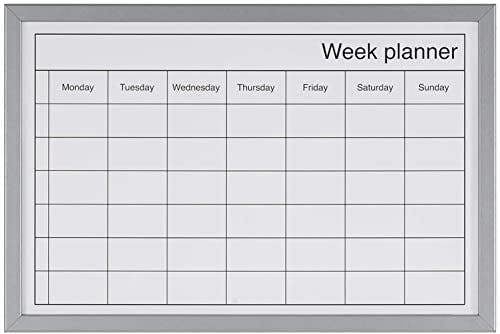 KAV Dry Wipe Weekly Planning Board with Pen - Stylish Wood Effect Frame Whiteboard for Wall Self Adhesive Memo Boards, Kitchen Meal Planner (Silver)
