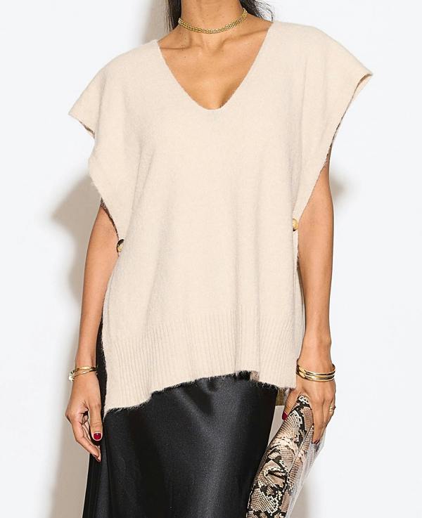 Hoxton Gal Cozy Sleeveless Oversize Top with V-Neck Side Buttoned Details in Beige