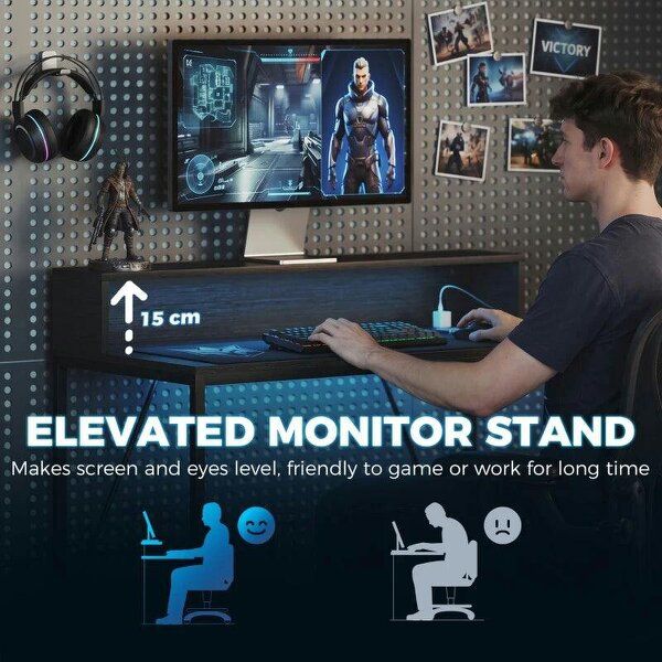 Gaming Desk, 100cm Computer Desk with LED Lights, Power Outlets, Monitor Stand and Remote, Black Wood-Effect