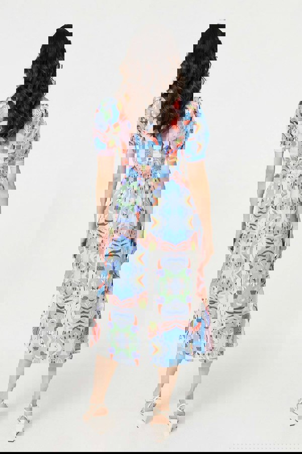 Blue | Abstract Ruched Front Empire Midi Dress
