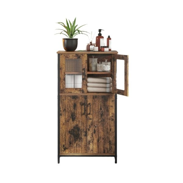 Modcraft Industrial Storage Cabinet with Glass Doors & Adjustable Shelf – Rustic Brown & Black