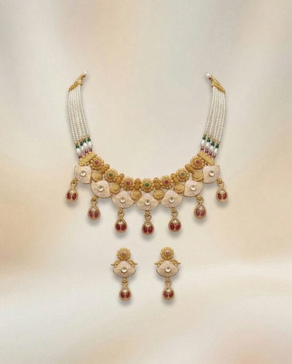 The Colourful Aura Gold Kundan Choker Necklace Set with Pearl Chain and Earrings