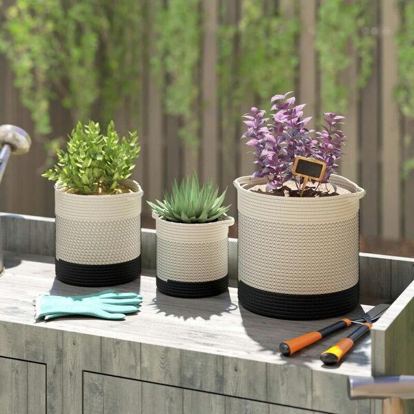 Plant Pots Handwoven Cotton Indoor Planters with Waterproof Liner Set of 3 White - White