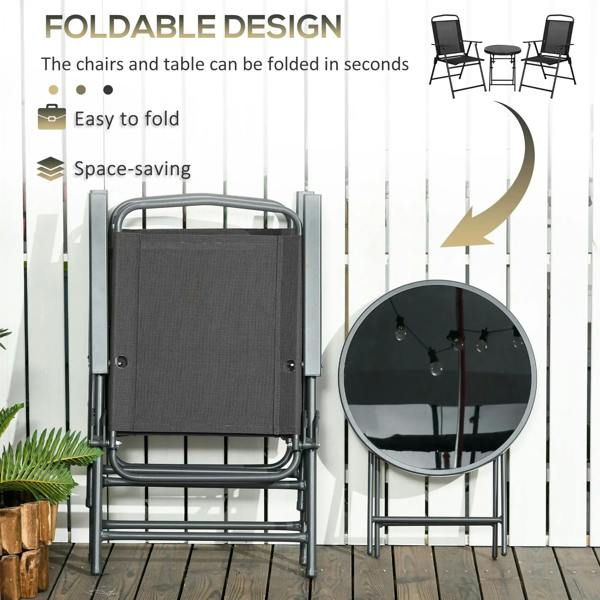 Foldable black patio chairs and a round table, stacked for compact storage