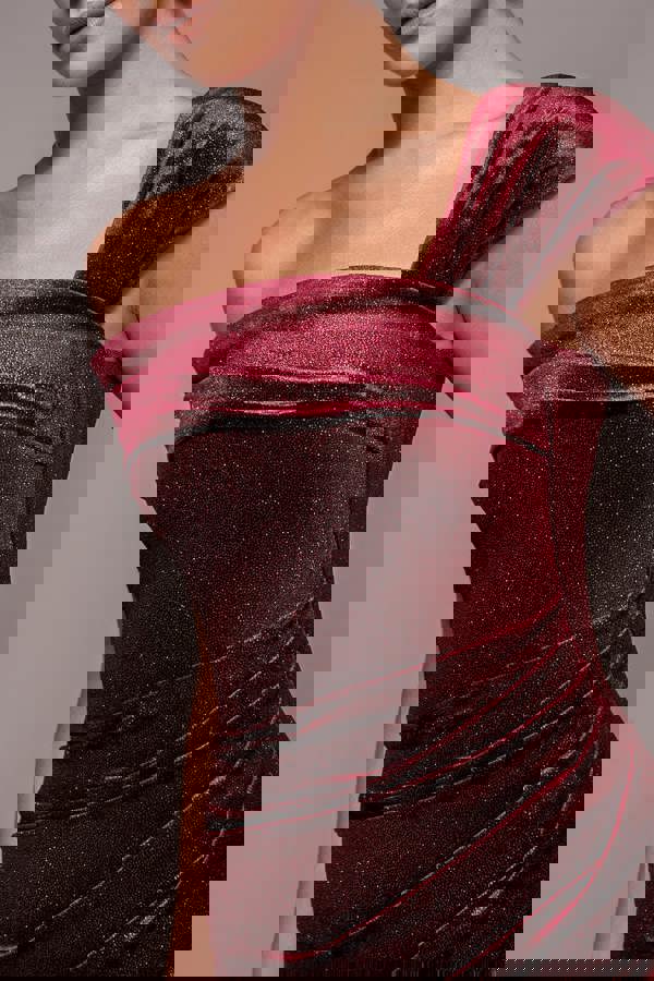 Glitter Velvet One Shoulder Maxi Dress - Wine DR5026