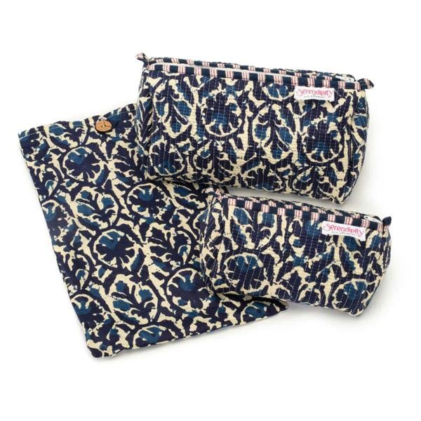 Elie Beaumont Serendipity Cotton Cosmetic Bag Set - Indigo Ikat