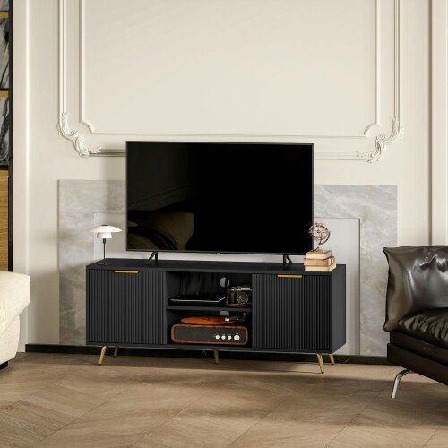 Wyld Haus Ellini Wooden Black TV Stand With 2 Open Shelves 2 Doors For Screens Up To 55 Inches