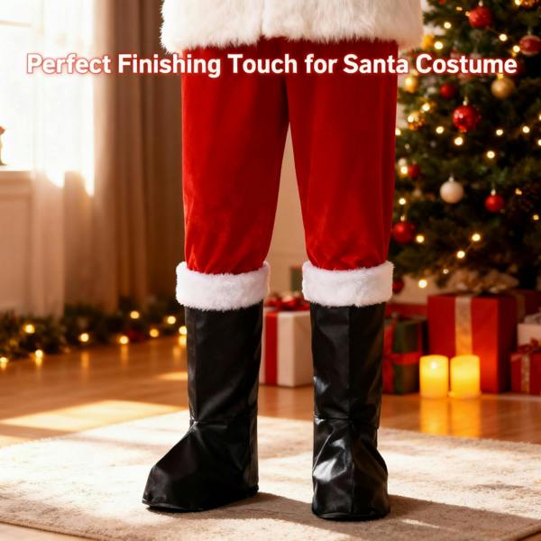 One Size Black Santa Boot Covers with Fur Trim for Christmas Costume Dressing image 8