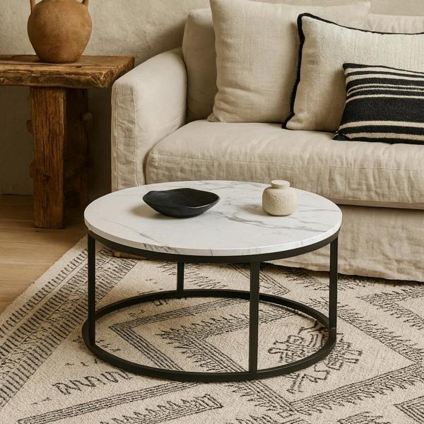 Wyld Haus Odense Round White Marble Effect Coffee Table Black Metal Legs