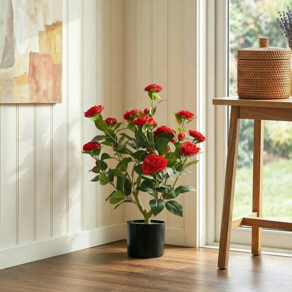 65cm Artificial Camellia Flower Plant in Pot with 116 Lush Leaves & Moss Effect, Red - Red