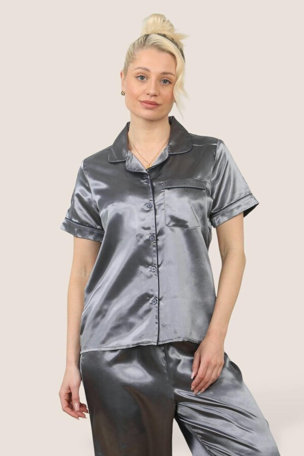 Luxe Satin Short Sleeve PJ Set – GREY - Grey