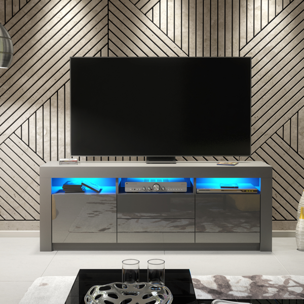 Mex Furniture Spacious 160cm TV Unit & Cabinet with Grey High Gloss Doors
