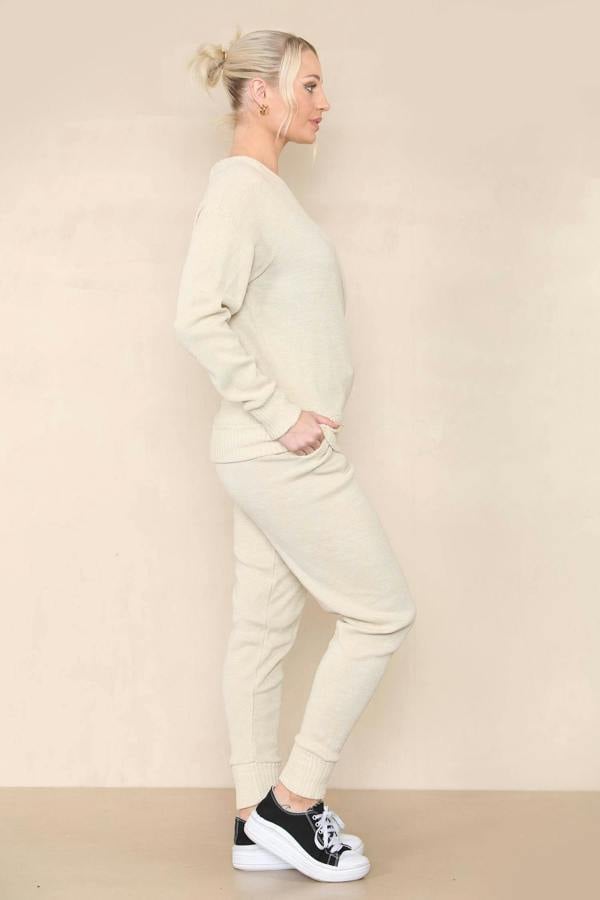 Women Beige Winter Warm Knitted Boat neck Co-Ord Solid Two Piece Loungewear Outfits Set - Elaina Fashion