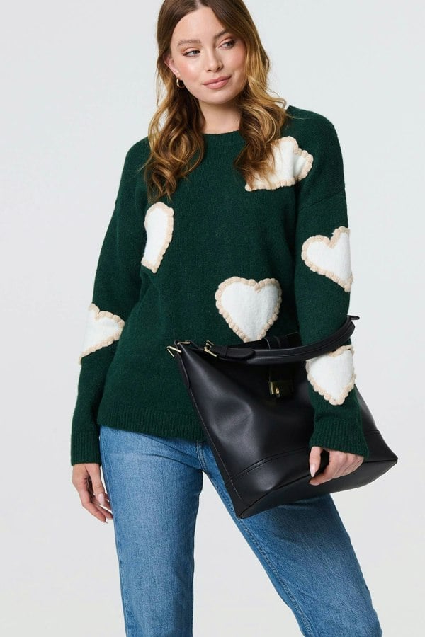 Green | Heart Embellished Slim Jumper
