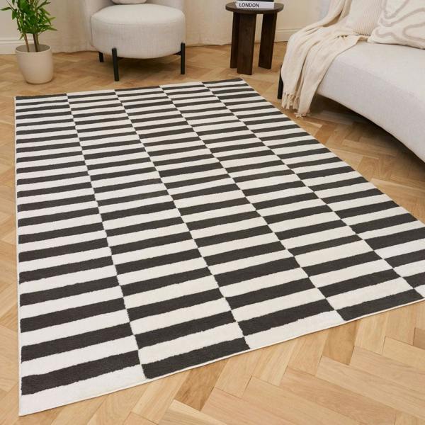Dark Grey Striped Textured Rug Kid-Pet Friendly – Durable for everyday family life
