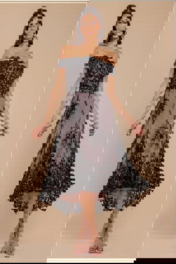 Bardot Sequin & Lace High Low Midi - Black DR3675