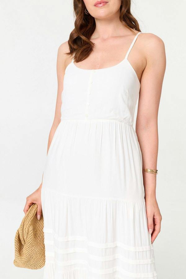 White | Cami Strap Tiered Midi Dress
