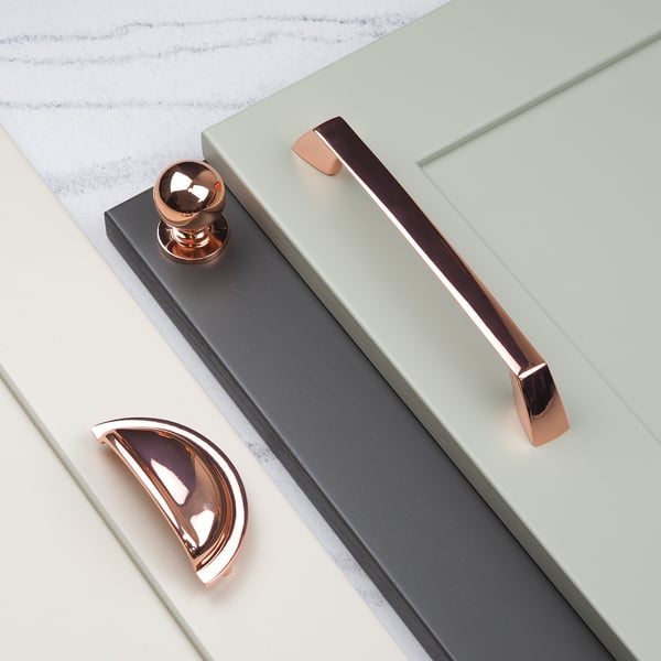 Handle & Home Rose Gold Copper Coordinating Tapered Handle, Cup Handle, and Coordinating Knob