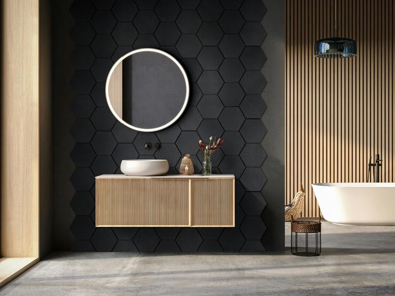 Fuse Acoustic Wooden Hexagon Wall Panel in Black Oak