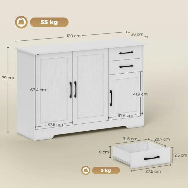 Sideboard with 2 Drawers Modern Storage Cabinet, Kitchen Cupboard with Adjustable Shelf and 3 Doors White