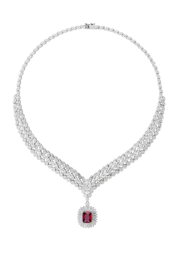 Halo ruby centerpiece diamond necklace.