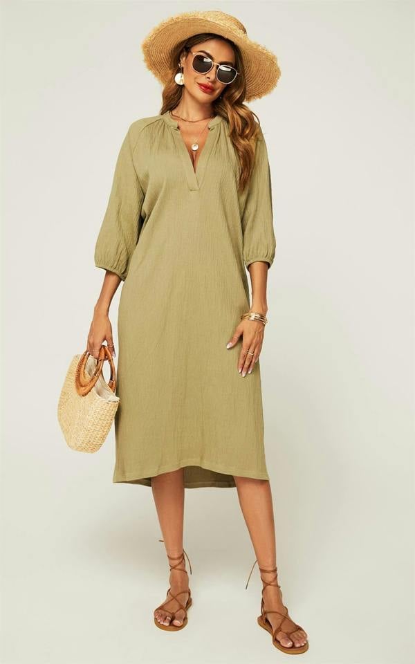 FS Collection Smock Dress With Long Sleeves In Khaki Green