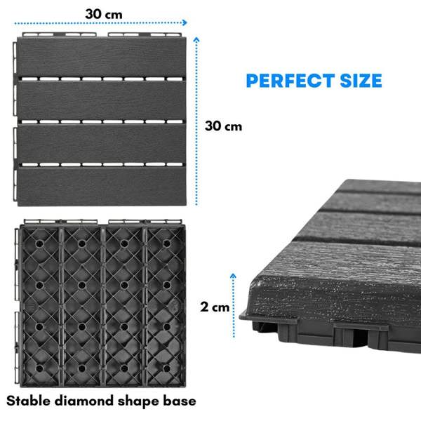 Nicoman Pack of 12 Polydeck PVC Decking Tiles - Grey