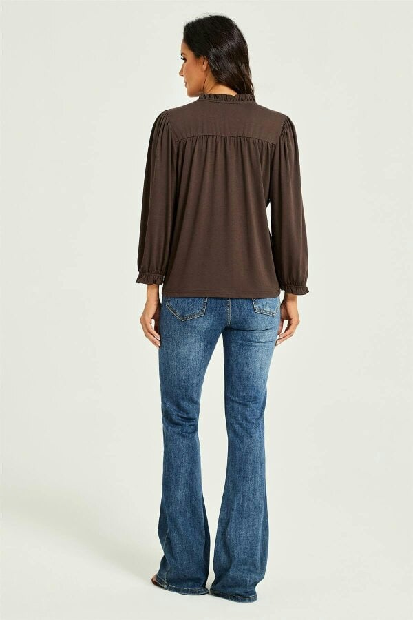 FS Collection Frill Neck Long Sleeve Jersey Blouse Brown