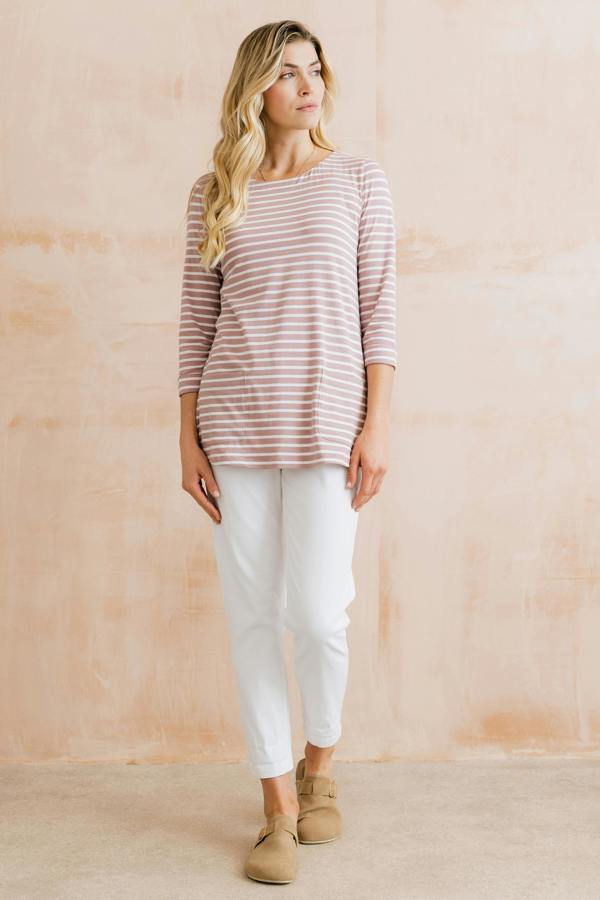 Lily & Me Coastal 3/4 Sleeve Jersey Stripe Tunic Soft Pink