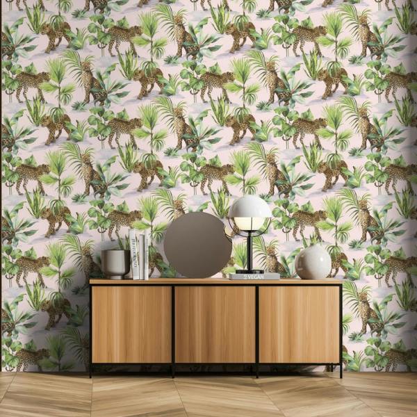 Rasch x Tesa Savanna Leopard Self Adhesive Peel and Stick Textured Wallpaper, Pink