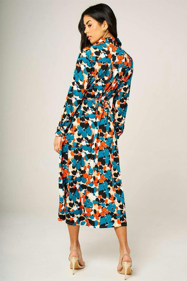 FS Collection Floral Print Shirt Midi Dress In Multi
