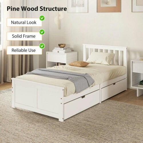 Wyld Haus Sutton White Wooden Single Bed Frame 2 Integrated Storage Drawers