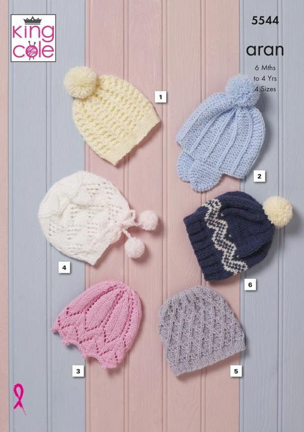 King Cole Comfort Aran Knitting Pattern 5544, Headwear for Baby, Kids, 6 Months - 6 Years
