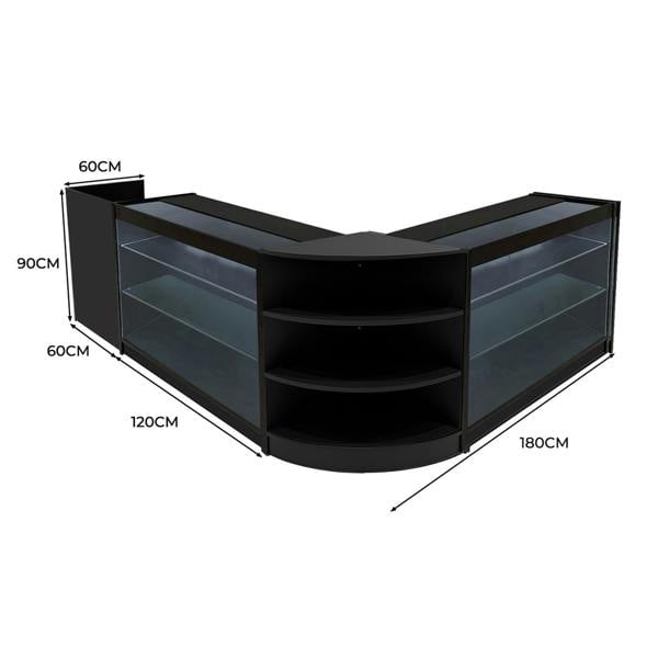 Astro LED Shop Counter Set in black, featuring sleek glass shelves, a modern curved design, and dimensions of 180cm x 90cm x 60cm