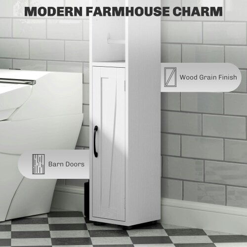 Wyld Haus Mittori Farmhouse Style Slim Bathroom Storage Cabinet With Barn Doors And Toilet Roll Holder White