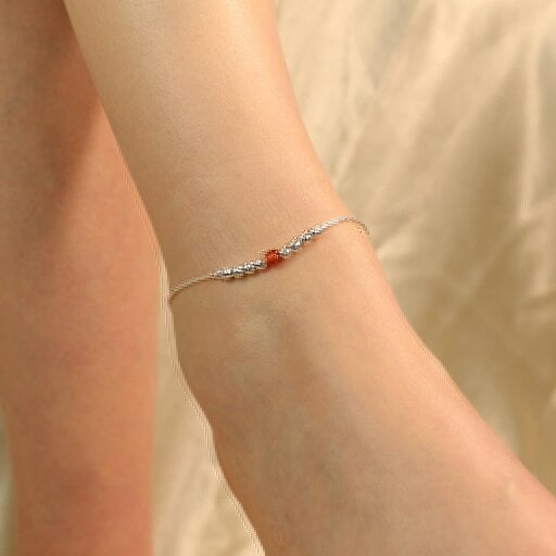 The Colourful Aura 925 Silver Orange Silver Round Ball Thin Payal Anklet
